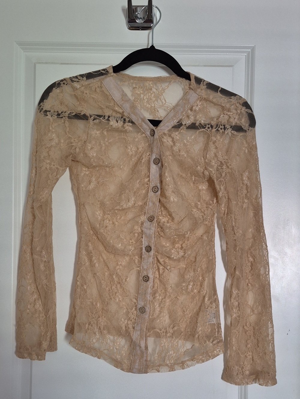 Sheer Lace Button-Front Top in Nude